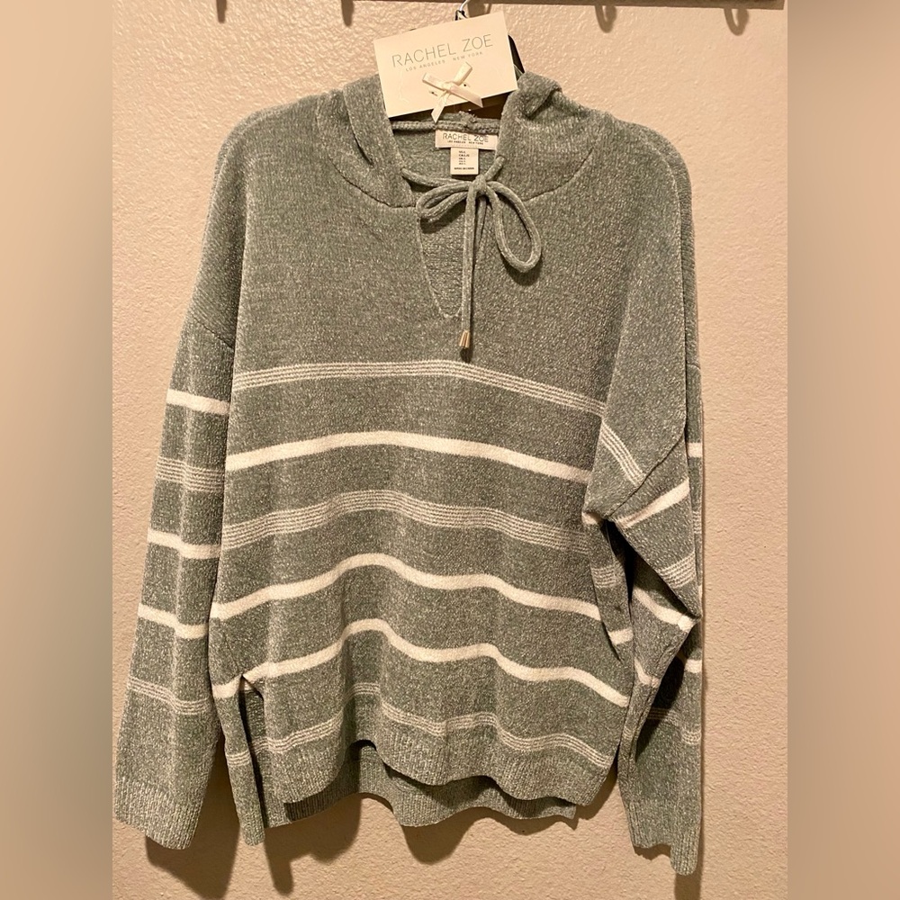 Rachel Zoe Sage Green and White Striped Hooded Sweater